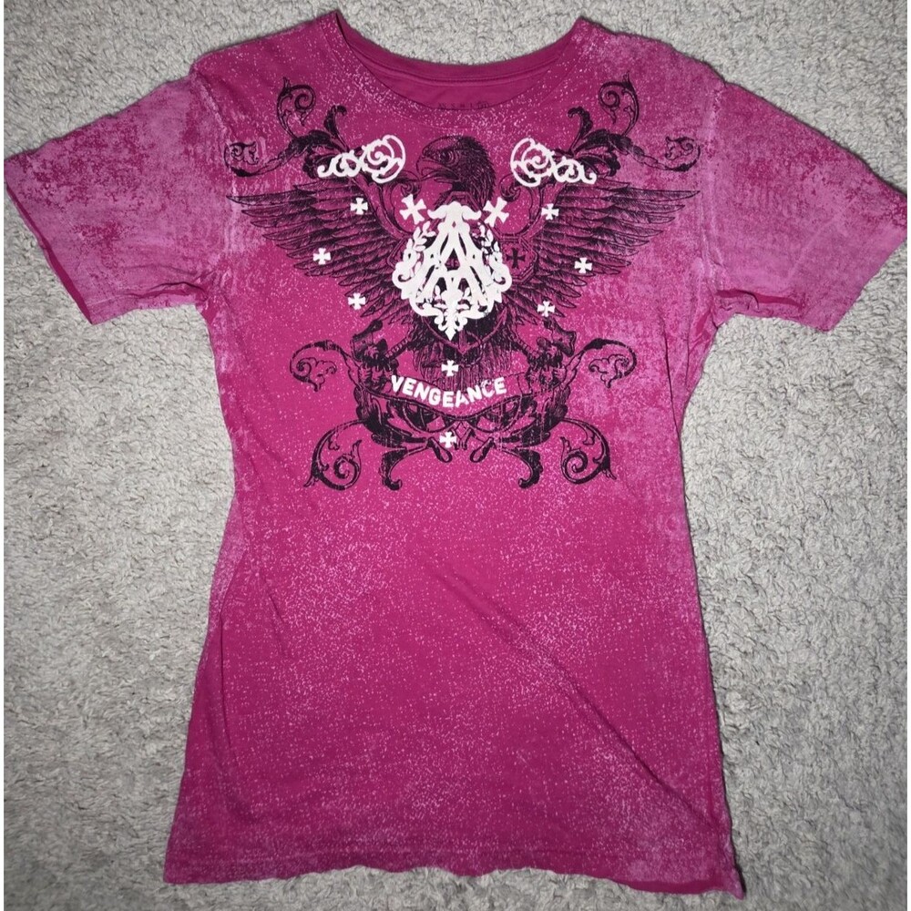Affliction Y2K Women’s XL Pink Eagle Vengeance Graphic T-Shirt Gothic Rhinestone